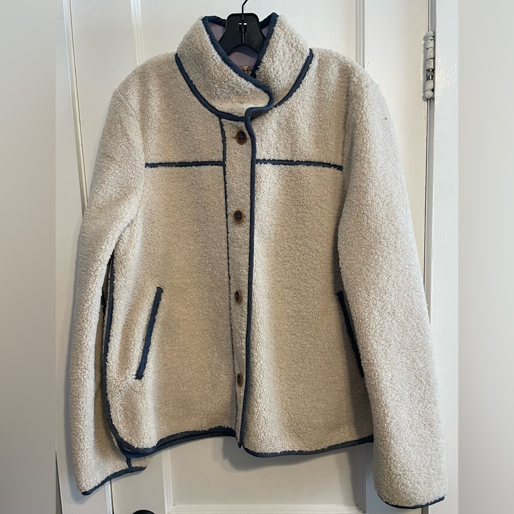 Anthropologie Cream Sherpa Jacket with Navy Trim
